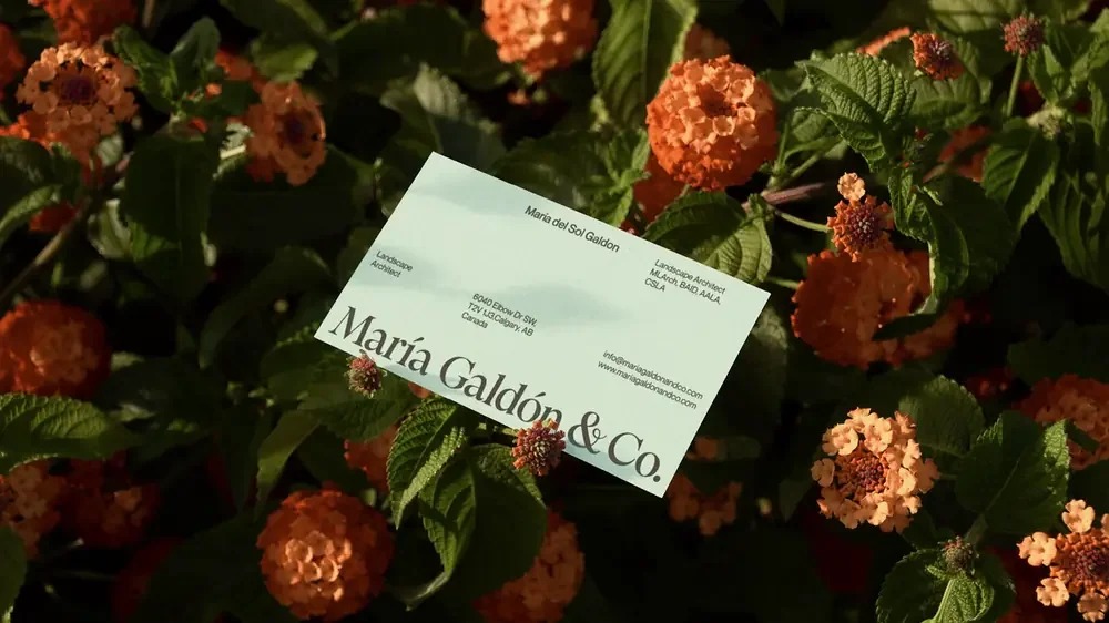 A business card resting among orange lantana flowers.