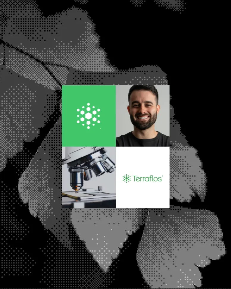The Terraflos symbol over a portrait.