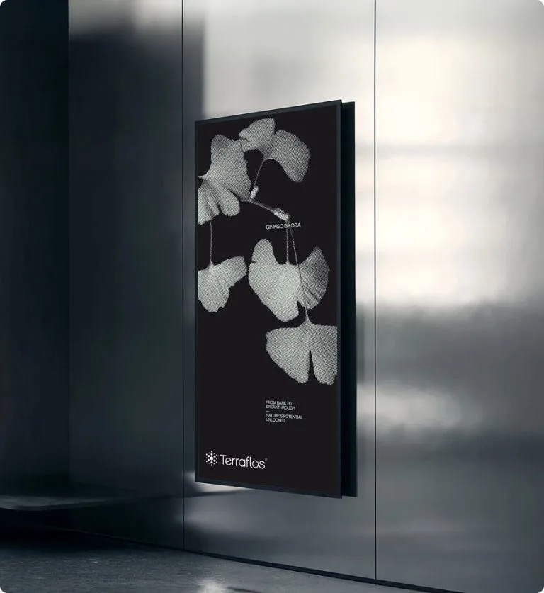 Terraflos digital poster showing a halftone ginkgo biloba leaf